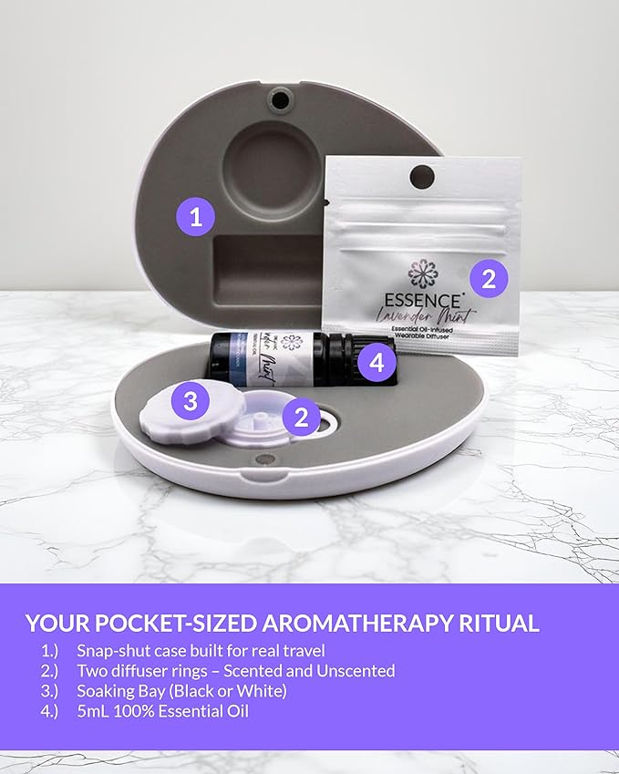 Essence Pearl Travel Case - Wearable Aromatherapy Kit with Nasal Diffuser Rings, Soaking Bay, and 5mL Essential Oil – Portable Wellness Gift Set for On?The?Go Self Care