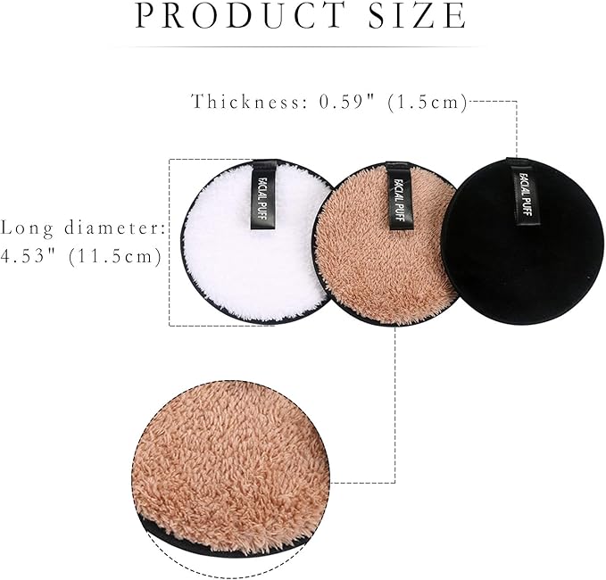 Vtrem 3 Colors Reusable Makeup Remover Pads Washable Double-Side Face Eye Lip Remover Pads Multi-Function Microfiber Soft Facial Cleaning Puffs Towels for All Skin, Black/White/Coffee