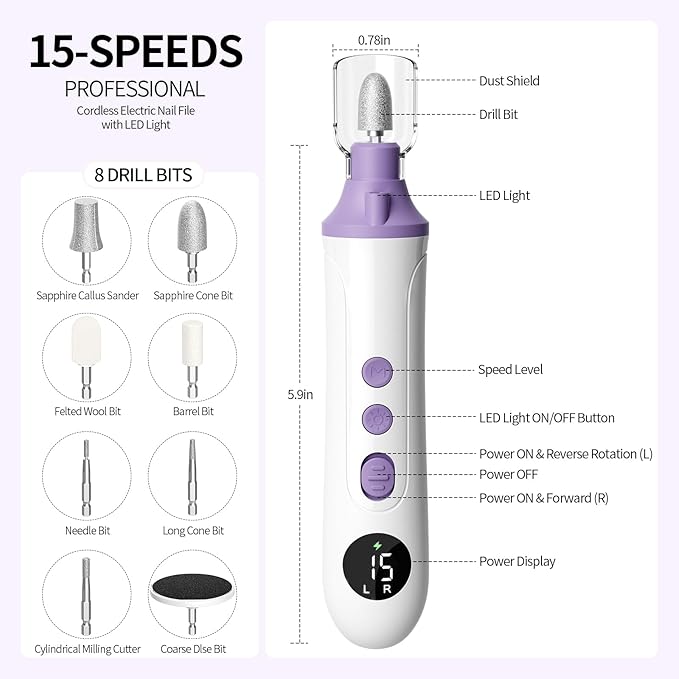 Professional Manicure Pedicure Electric Toenail Grinder Kit - Cordless Electric Nail File Set for Thick Nails Hand Feet Care ,15 Speed,Nail Drill with LED Display Ideal Gift for Men and Women-Purple