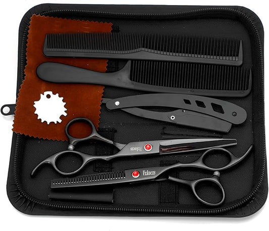 Hair Scissors Professional Set - Steel Barber Shears with Offset Handle, Thinning & Straight Scissors for Salon & Home Hair Cutting