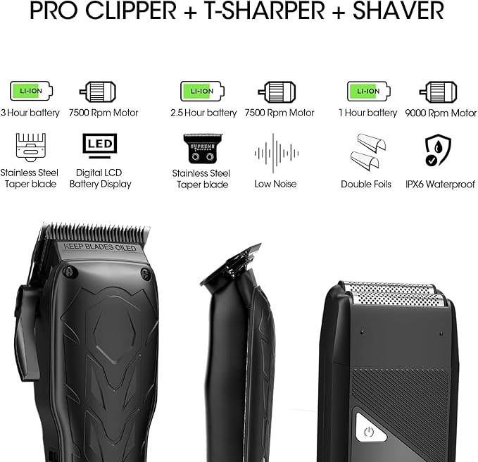 Hair Clippers for Men Professional, 7500Rpm Beard Trimmer, IPX6 Waterproof Electric Shavers 3 in 1 Hair Cutting Kit for Men, Cordless Barber Clipper Set with LED Display for Mens Gifts