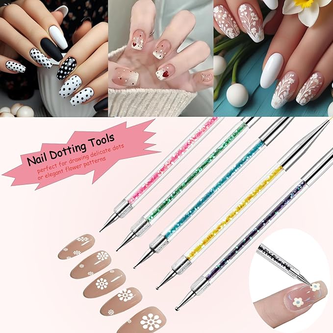 Nail Art Brushes, 8Pcs Double-Ended Acrylic Nail Brush Set & Picker Brush Tool for Nail Art with PolyGel Gel Acrylic Nails Extension Fine Liner Brushes and Dotting Pen (6,7,8,9,11 mm)