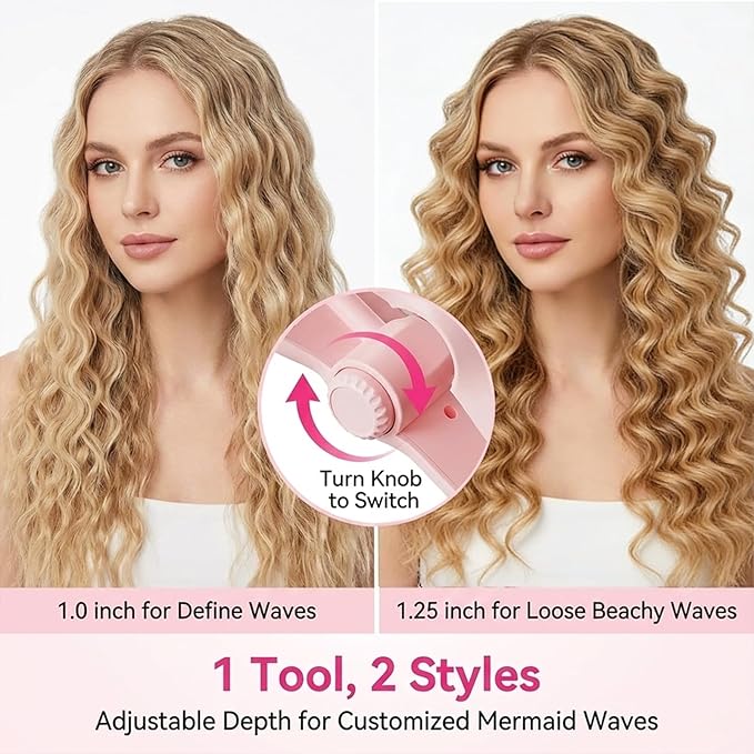 1&1.25 Inch Hair Crimper for Women - Curling Iron Waver Hair Tool to Adjustable Groove - Rizadora para Cabello - Anti-Scald Tech Hair Waver - Ionic Ceramic Coating for Long-Lasting,Fast Heating,Pink