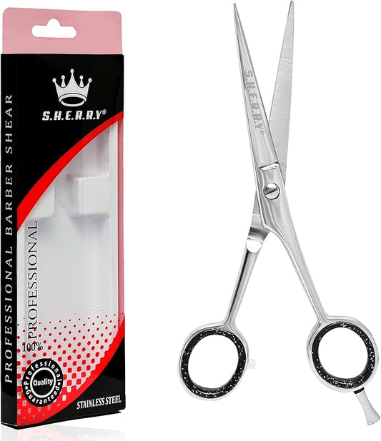 Professional Barber Shears 6” – High Carbon Stainless Steel Hair Cutting Scissors with Razor Sharp Edge for Salon & Home Use by S.H.E.R.R.Y (Silver, 6 inches)