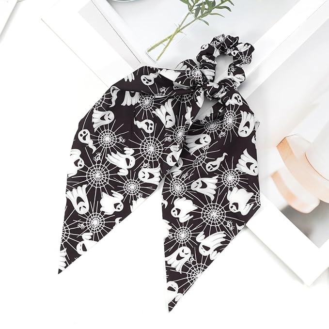 Halloween Hair Ties for Women Girls Spooky Ghost Spider Web Hair Scrunchies Black White Hair Tie Ribbon Hair Bows Halloween Party Gifts Hair Accessories