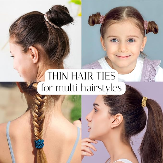 OLESILK Silk Hair Ties for Women: 100% Mulberry Skinny Silk Scrunchies, Soft Smooth No Damage No Crease for Thin Fine Curly Hair 3 Pack, Black