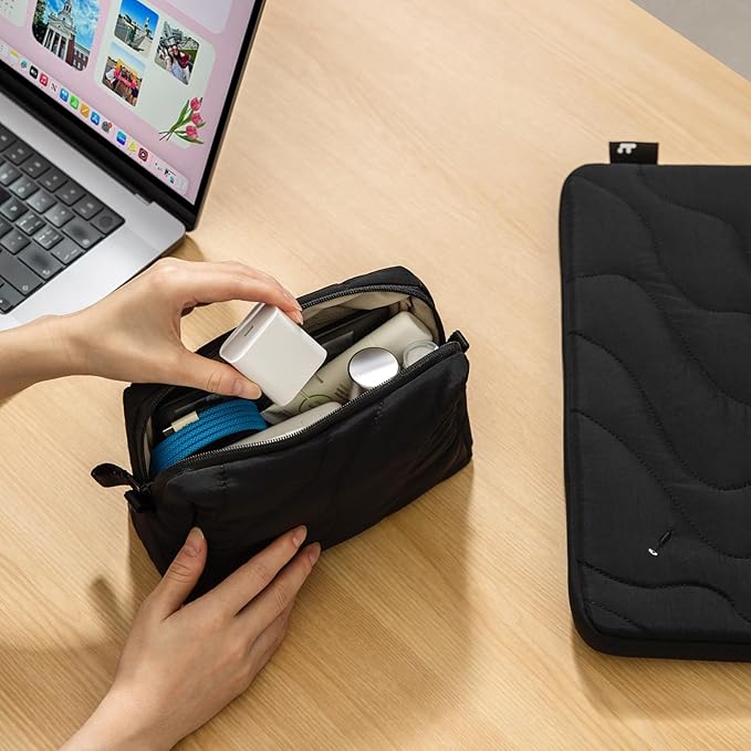 tomtoc Electronics Organizer Travel Case, Soft Puffy Organizer Bag Birthday Christmas Gifts Travel Essentials for Women Girls, Portable Accessory Tech Pouch Storage for Charger, Cord, Cable, Phone