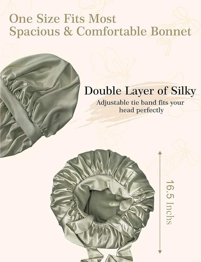 Silk Satin Bonnet Hair Wrap for Sleeping Women, Adjustable Tie Band Double Layer Sleep Night Head Cover for Curly Braid Fine