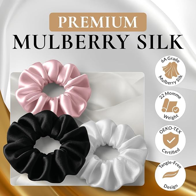 100% Pure 22 Momme Mulberry Silk Scrunchies (Set of 3) | Highest grade (6A) Luxury Hair Ties| (Black,White,Pink) | (White, Standard)