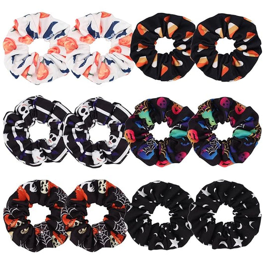 12PCS Halloween Hair ScrunchiesPumpkin Skull Ghosts Bat Star Moon Witch Hat Candy Candle Spider Web Hair Ties Elastics Scrunchy Gifts Ponytail Holder Accessories for Women Girls