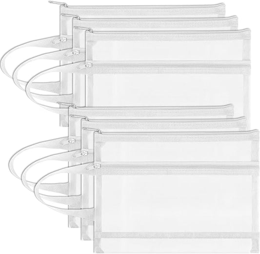 6 Pack Mesh Zipper Pouch Bags, Double Layer Nylon Pouch with Handle for Office Travel Organization (White, A4)