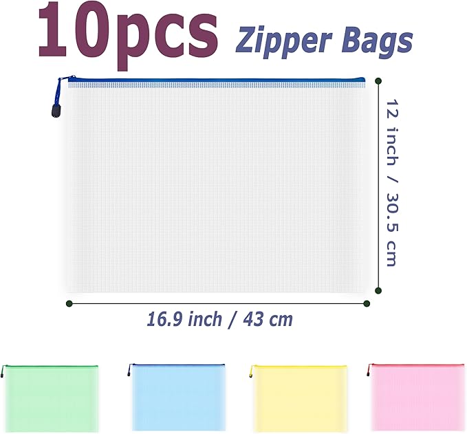AUSTARK 10 Pcs Zipper File Bags, Waterproof Plastic Mesh Pouch for Office School, Board Game Storage Bags (A3 Size 16.9''x12'', Multicolored)