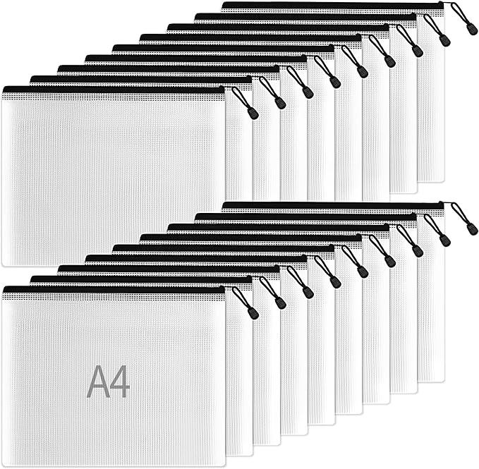 SUNEE Plastic Mesh Zipper Pouch 9.2x12.5 in (Black, 18 Packs),Extra Large Water-Resistant Zip Bag for School Office Supplies, Puzzles & Games Organizing Storage