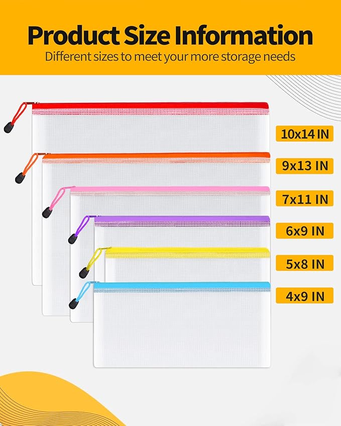 SUNEE Multisize Plastic Zipper Pouches (6 Colors, 18 Packs), Water-Resistant Zip Bag for School Office Supplies, Puzzles & Games Organizing Storage