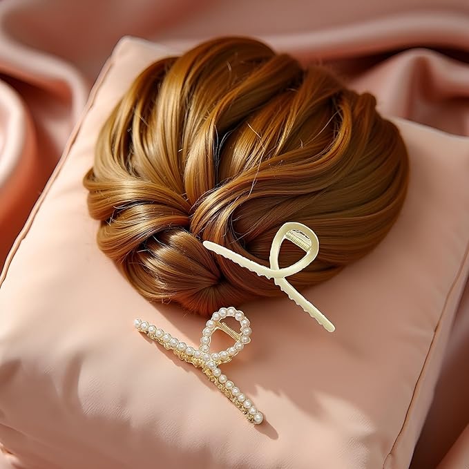 2 Pack Matte Gold and Pearl Hair Claws for Women: Large Metal Clips with Pearls for Thick Hair - Non-Slip Crab Claws and Strong Cross Barrettes