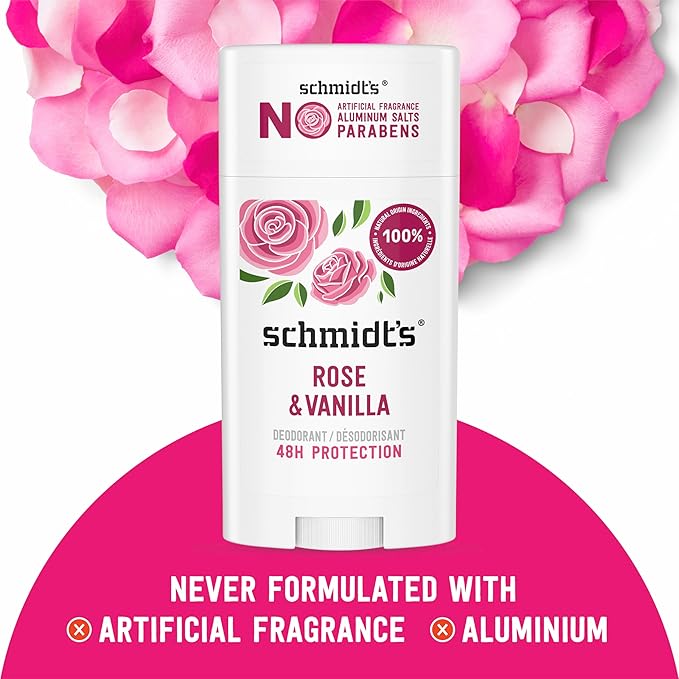 Schmidt's Aluminum-Free Vegan Deodorant Rose & Vanilla with 24 Hour Odor Protection 2 Count for Women and Men, Natural Ingredients, Cruelty-Free, 2.65 oz