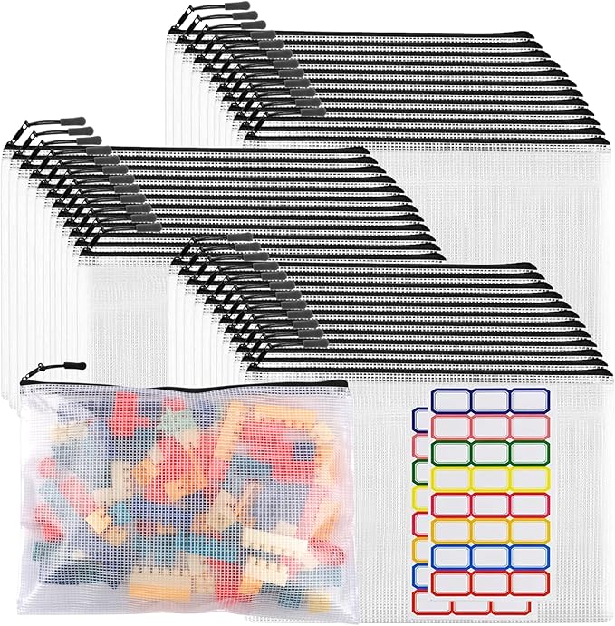 36pcs Large Mesh Zipper Pouch File Bags YOPCDJ Reusable Zippered Pouches for Organizing Classroom, Board Game Storage, Puzzle Bags Black