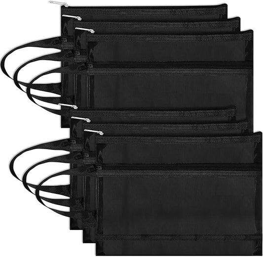 6 Pack Mesh Zipper Pouch Bags, Double Layer Nylon Pouch with Handle for Office Travel Organization (Black, A4)