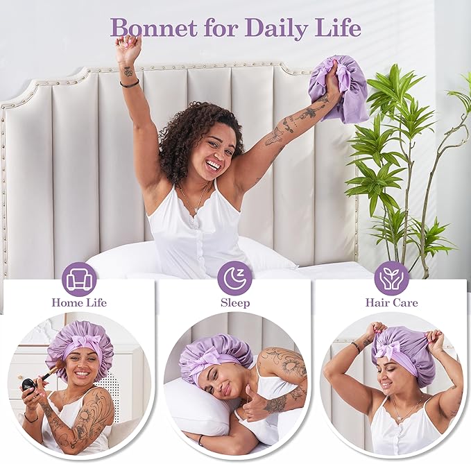 Silk Satin Bonnet Hair Wrap for Sleeping Women, Adjustable Tie Band Double Layer Sleep Night Head Cover for Curly Braid Fine