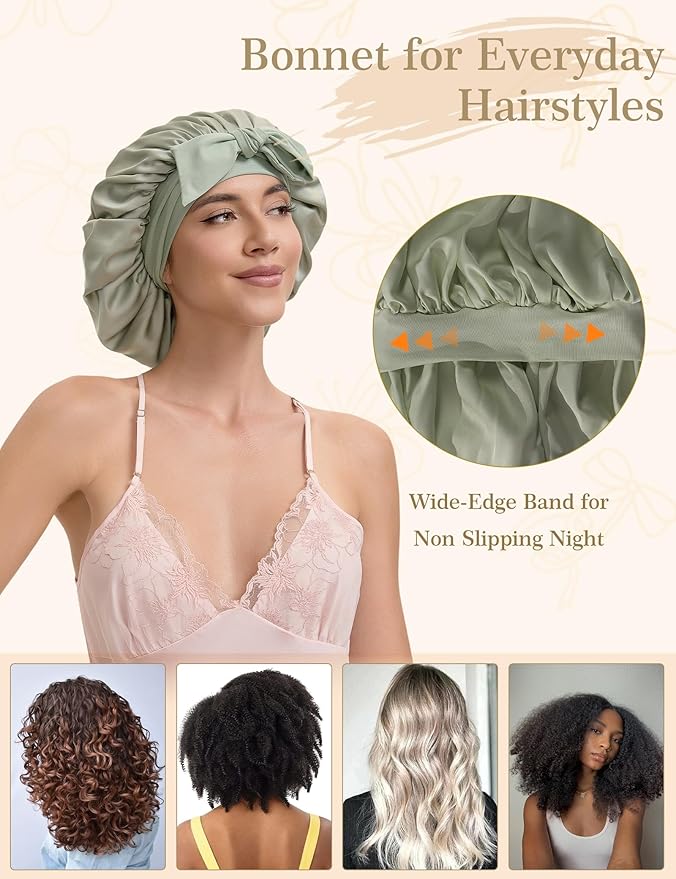 Silk Satin Bonnet Hair Wrap for Sleeping Women, Adjustable Tie Band Double Layer Sleep Night Head Cover for Curly Braid Fine