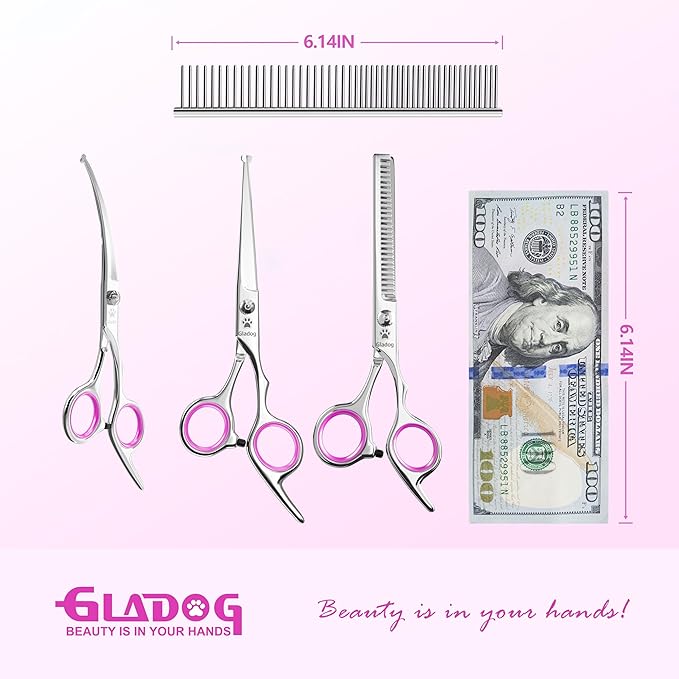 GLADOG Professional 5 in 1 Dog Grooming Scissors Set with Safety Round Tips, Sharp and Heavy-duty Pet Grooming Shears for Cats (Red)