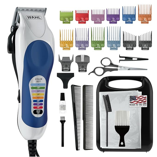 Wahl Clipper USA Color Pro Complete Haircutting Kit with Easy Color Coded Guide Combs - Corded Clipper for Hair Clipping & Grooming Men, Women, & Children - Model 79300-1001M