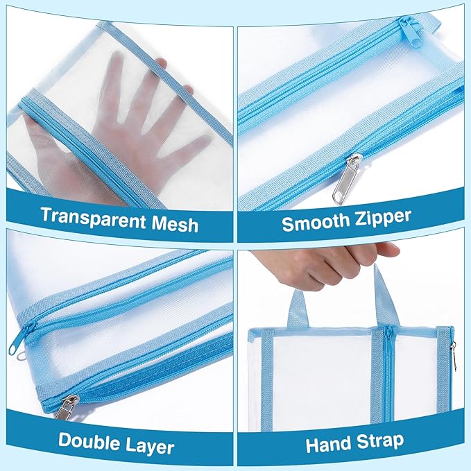 6 Pack Mesh Zipper Pouch Bags, Double Layer Nylon Pouch with Handle for Office Travel Organization (Grey, A5)