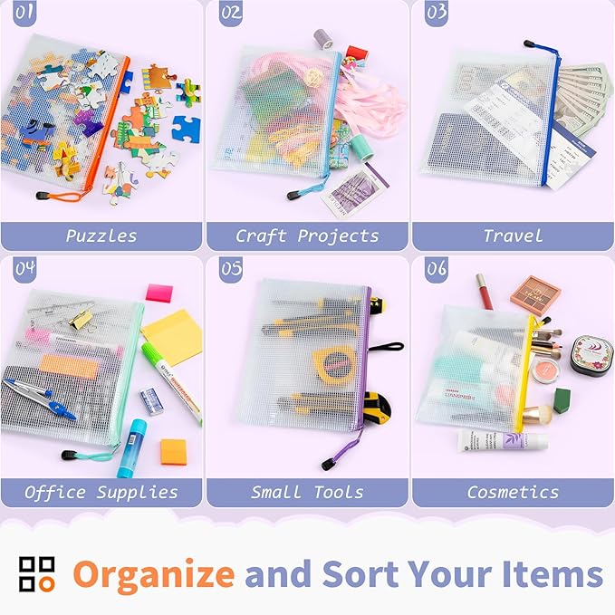 Umriox 24 Pack 12 Colors Small Zipper Pouch, 9.5" x 7.1"/A5 Size Mesh Bags with Zipper, mesh Bags for Puzzles Board Games and Office Supplies Travel Accessories
