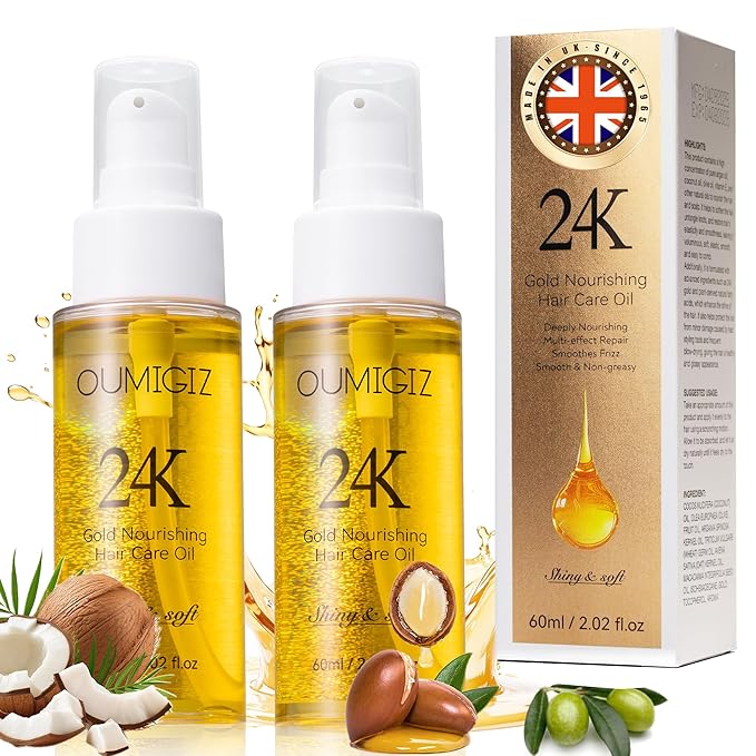 24K Gold Hair Oil, Repair Shine Serum with Coconut, Argan & Olive Oils - Heat Protectant and Frizz Control - Vegan, Lightweight Leave-In Treatment for Dry Damaged Hair (2.02 Fl Oz (Pack of 2))