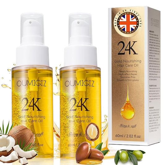 24K Gold Hair Oil, Repair Shine Serum with Coconut, Argan & Olive Oils - Heat Protectant and Frizz Control - Vegan, Lightweight Leave-In Treatment for Dry Damaged Hair (2.02 Fl Oz (Pack of 2))