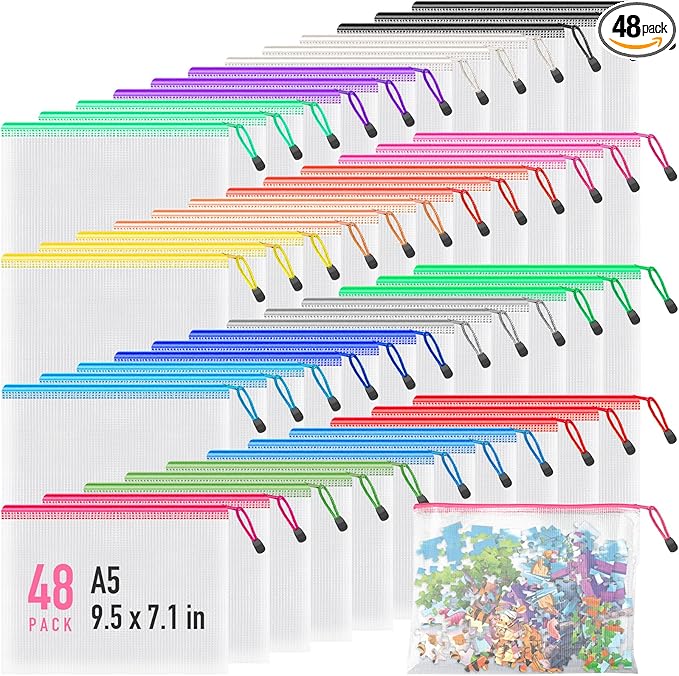 Umriox 48pcs Small Zipper Pouch, Mesh Bags with Zipper, 9.5" x 7.1"/A5 Size 16 Color Pencil Pouches, Storage Bags for Puzzles, Office and Travel Supplies
