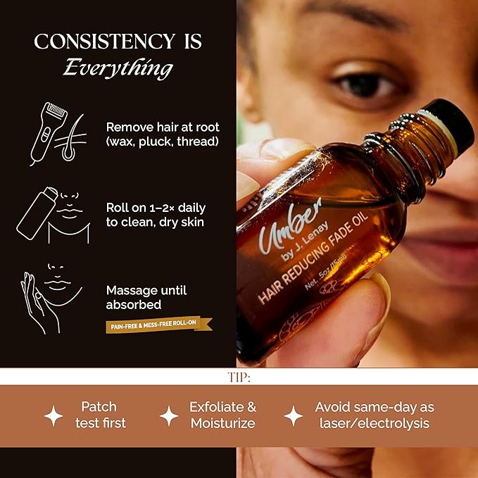 Umber By J. Lenay Hair Reducing Fade Oil - Sentive Strength (For sentive skin) Hair Growth Minimizer, Slow Down Facial Hair Growth for Women & Men, Hair Inhibitor Serum, Moisturizing & Soothing, 15ml
