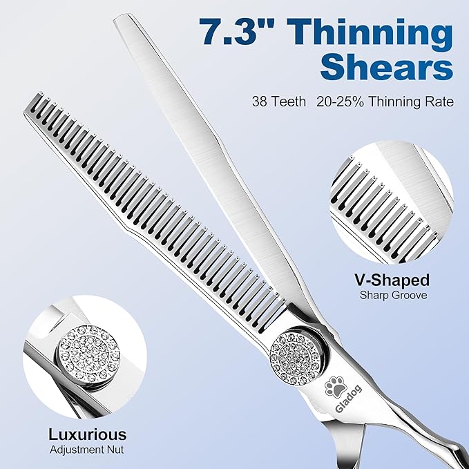 GLADOG Luxury Dog Grooming Scissors Set - 7" Straight, 6.5" Thinning, 7" Curved Dog Shears for Grooming - 9CR Steel, Professional Grooming Kit for Dogs