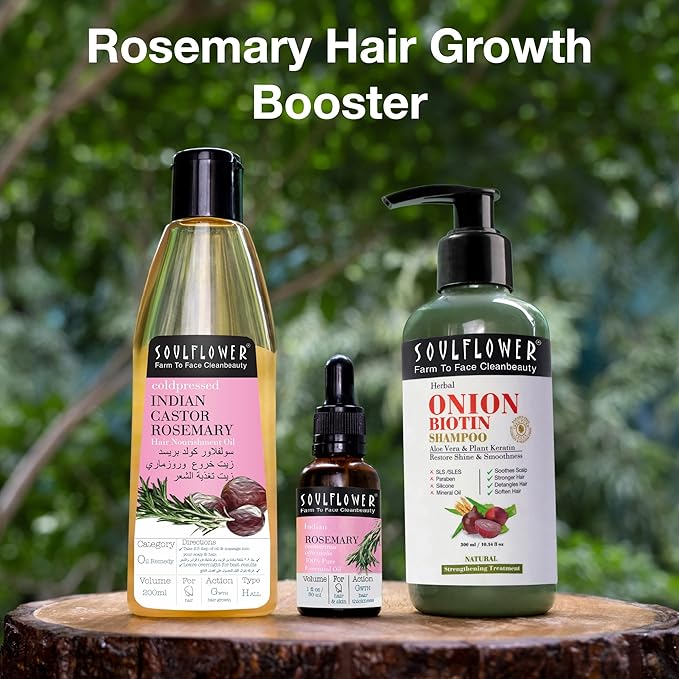 Soulflower 100% Pure Rosemary Oil for Hair Growth, Hair Fall Control, Strengthening, Volumising Hair Oil for All Types | Organic Certified (1 fl oz)