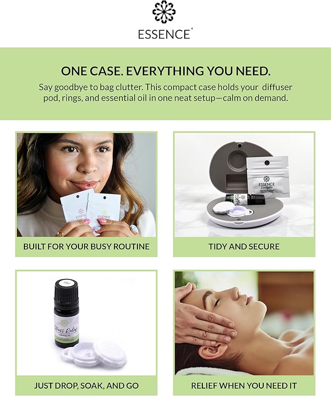 Essence Pearl Travel Case - Wearable Aromatherapy Kit with Nasal Diffuser Rings, Soaking Bay, and 5mL Essential Oil – Portable Wellness Gift Set for On‑The‑Go Self Care