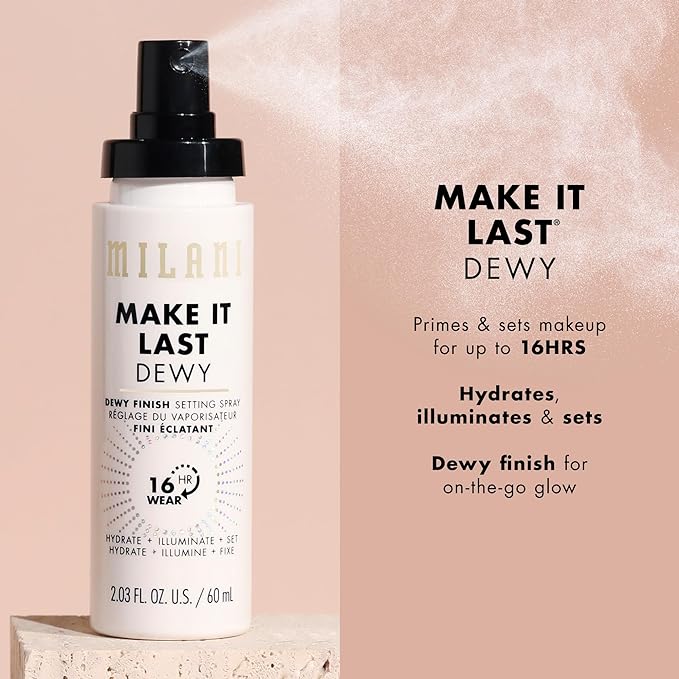Milani Setting Spray + Primer, Make It Last Dewy - Dewy Finish Moisturizing Formula for Glow on the Go, Setting Spray for Makeup and Face Primer, Prime + Set + Hydrate, 2.03 Fl. Oz - 2 Pack
