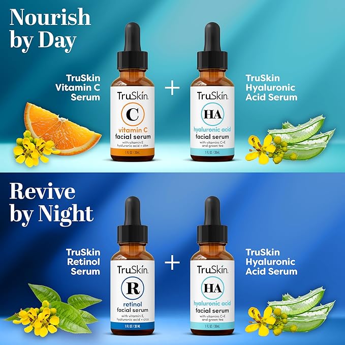 TruSkin Face Serum Trio – Vitamin C, Retinol & Hyaluronic Acid Anti-Aging Serums for Face – AM, PM & All-Day Skincare Routine – Brightening, Smoothing & Hydrating Facial Serums, 1 fl oz Each