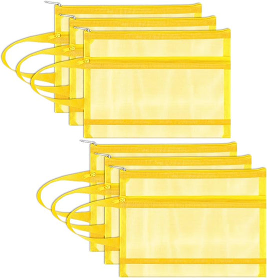 6 Pack Mesh Zipper Pouch Bags, Double Layer Nylon Pouch with Handle for Office Travel Organization (Yellow, A5)