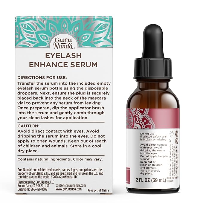 GuruNanda Natural Castor Oil Eyelash Enhance Serum with Rosemary Oil - Brush Applicator & 5 Pipettes, Helps Natural Hair Growth for Eyebrows & Beards, 2 Fl Oz