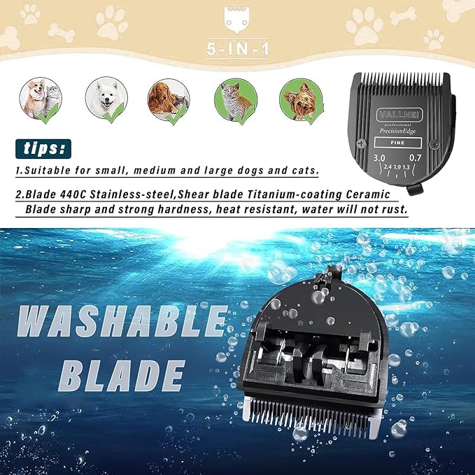 Detachable Adjustable Pet Dog Grooming Clipper 5-in-1 Blade Compatible with WAHL Professional Animal Blade Arco, Bravura, Chromado, Creativa, Figura, and Motion Pet, Dog, and Horse Clippers (Black)
