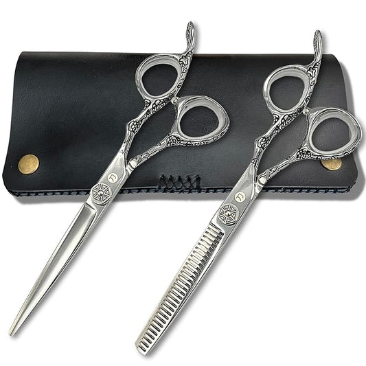 Saki Shears 6 Inch Set of Hair Cutting and Thinning Scissors With Flower Design on Handle and Finger Holes - 440C Stainless Steel - Professional Hair Cutting Set (Silver)