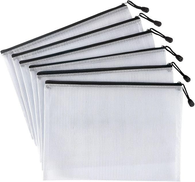 6 Pack Mesh Zipper Pouch Document Bag Waterproof Zip File Folders for School Office Supplies Travel Storage Bags (White)