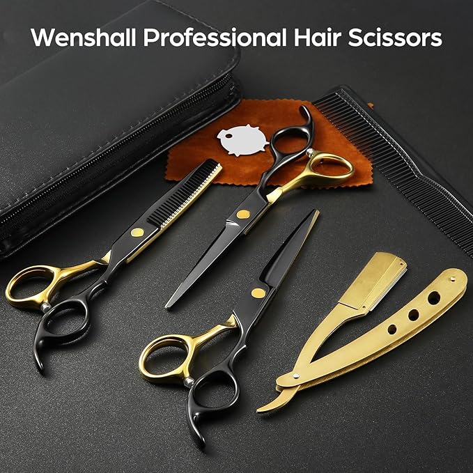 Professional Black Gold Hair Scissors 6.89" Teeth Japanese Stainless Steel Multifunctional Salon Thinning Scissors Straight Shears Tools for Men Women Home Salon Barber