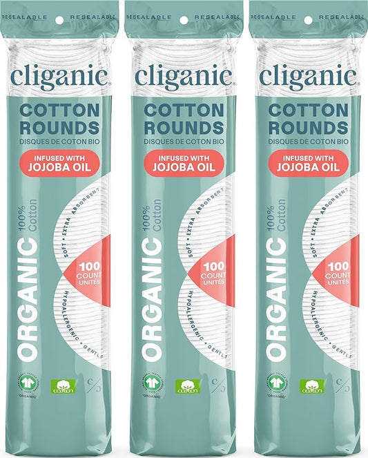 Cliganic Organic Cotton Rounds - Jojoba Oil Infused (300 Count) - Makeup Remover Pads, Hypoallergenic, Lint-Free | 100% Pure Cotton