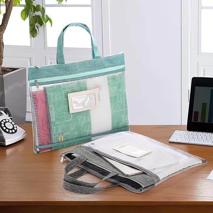 AVLA 4 Pack Student Book Pouches, A4 Mesh Zipper Bag with Handle, File Document Puzzle Bag with Name Card Pocket for Organizing Storage Board Games, School Office Appliances, Convenient to Carry