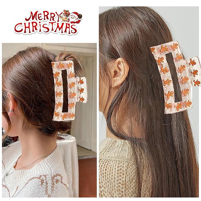 Christmas Hair Clip, Christmas Cute Gingerbread Man Claw Clips, Rectangular Large Hair Claw Clips for Thick/Thin Hair, Xmas Brown Gingerbread Design Medium Hairpin, Hair Accessories for Xmas