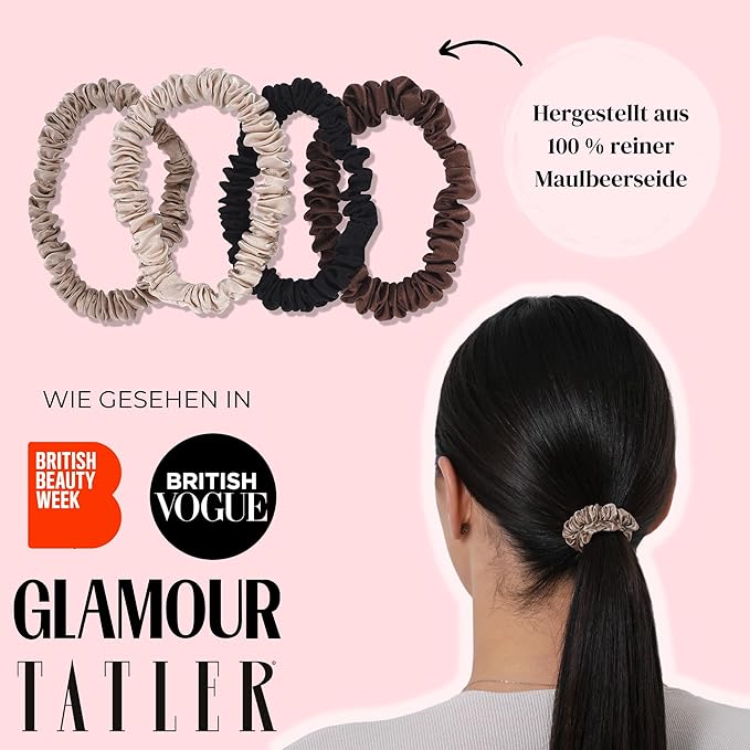 SILKIE x4 Set 100% Pure Mulberry Silk Green Skinny Scrunchies Travel Pouch Everyday Hair Ties Elastics Hair Care Ponytail Holder No Damage (Emerald)