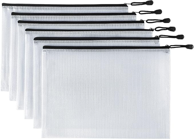6 Pack Mesh Zipper Pouch Document Bag Waterproof Zip File Folders for School Office Supplies Travel Storage Bags (White)