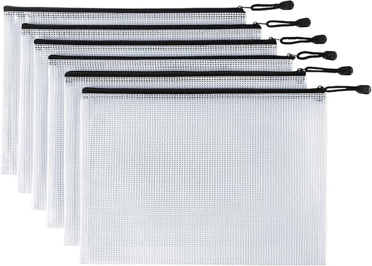 6 Pack Mesh Zipper Pouch Document Bag Waterproof Zip File Folders for School Office Supplies Travel Storage Bags (White)
