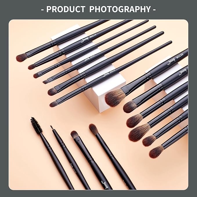 Jessup Eye Brushes Set, Vegan Makeup Brushes with Concealer Powder Eyeshadow Blending Eyeliner Spoolie Brush, 16pcs Premium Synthetic Black Cosmetic Brush T272